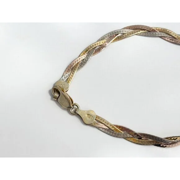 Italian HerringboneYellow Gold, Rose Gold & Silver 925 Vintage Bracelet - 7" - Picture 7 of 10